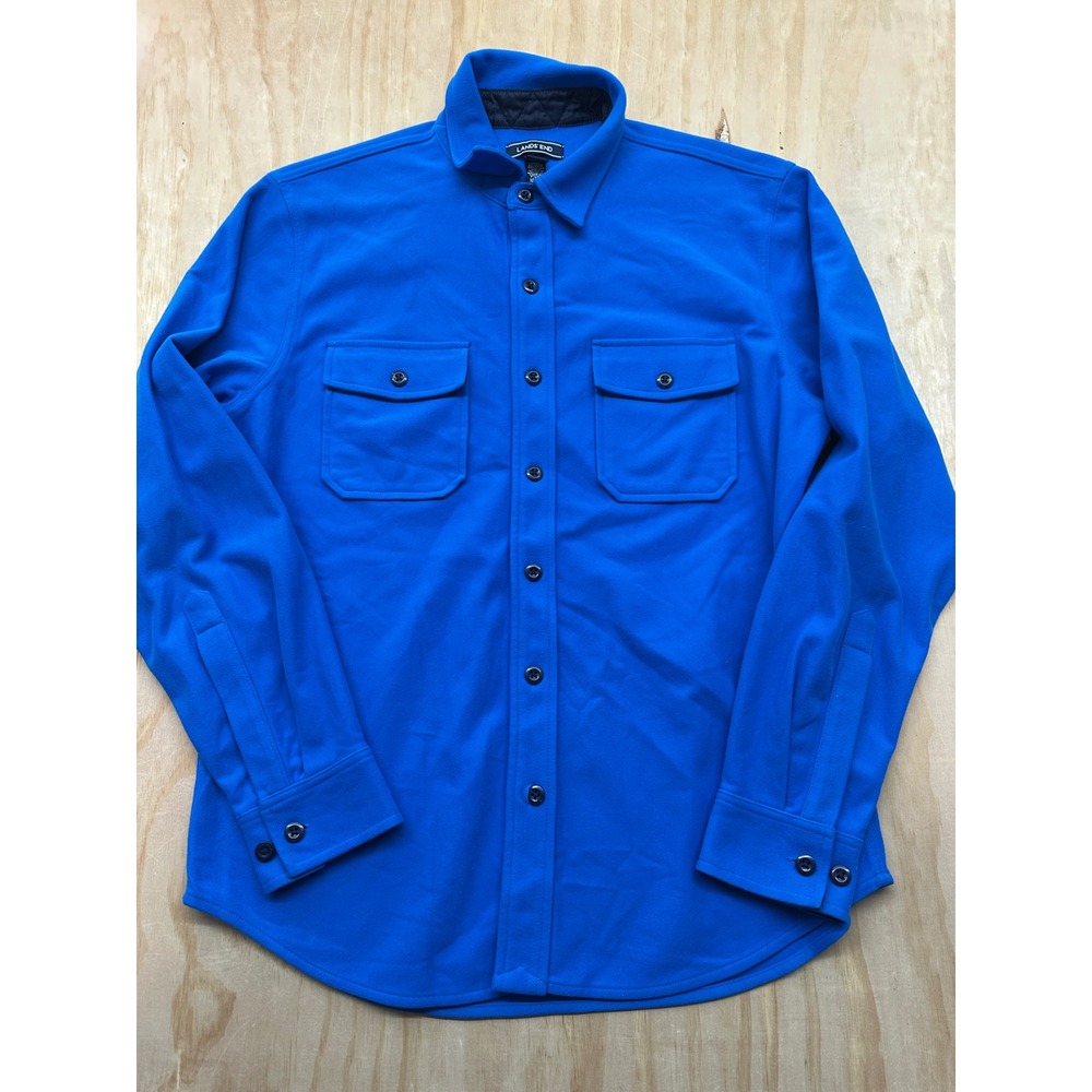 Lands End Womens Medium Blue Fleece Button Up Shirt Jacket Pockets 38-40